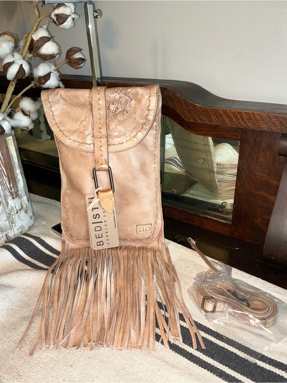 NWT Bed Stu Leather SANDY LANE II Oats Dip Dyed Fringe Crossbody Bag MSRP $165